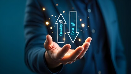 Quality control, Businessman showing cost with down arrow and quality with up arrow for business project management strategy have to control budget cost and improvement quality of product and service.