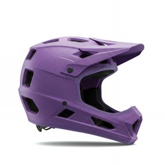 Fototapeta premium Purple full-face cycling helmet three-quarter view with multiple air vents and extended rear coverage for mountain bike safety