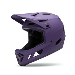 Fototapeta premium Purple full-face helmet front three-quarter angle with integrated goggle strap and removable chin bar for versatile mountain biking
