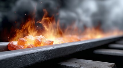 Hot glowing coals on a steel track with smoky background at night