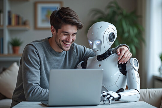 Man and AI humanoid robot work together and collaborating while looking at a laptop, symbolizing AI partnership help job