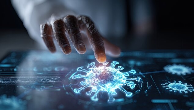 A gloved hand hovers over a digital display, focusing on a 3D model of a virus.  Interactive interface shows health data