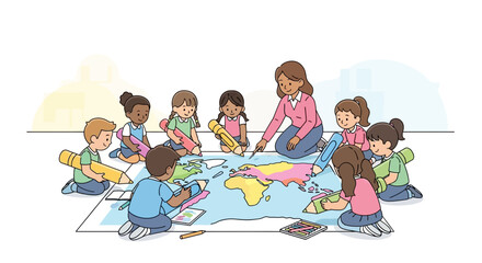 Young students engage in a hands-on geography lesson, coloring a large world map with their teacher, fostering global awareness and collaborative learning.