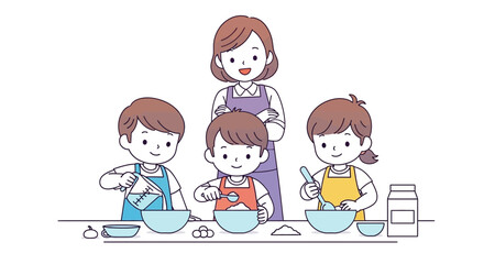 A mother and three children baking together, mixing ingredients, and having fun.