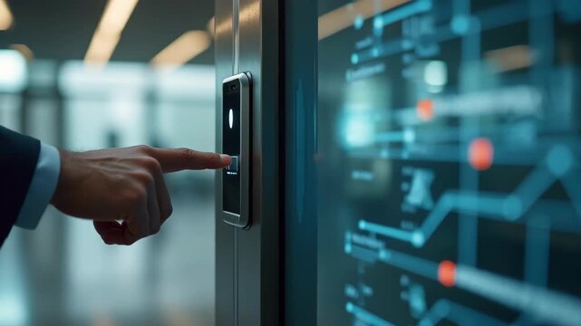 A professional man presses his finger on a sleek biometric scanner at a glass entry gate in a modern office lobby, subtle HUD cues, security access concept
