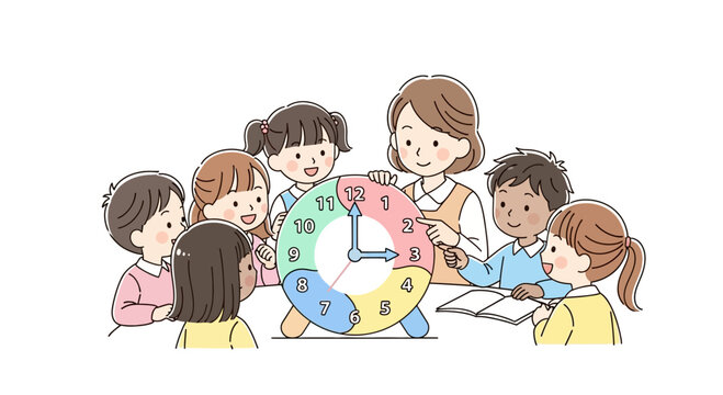 Learning Time Children and Teacher Engaging with a Colorful Educational Clock Illustration