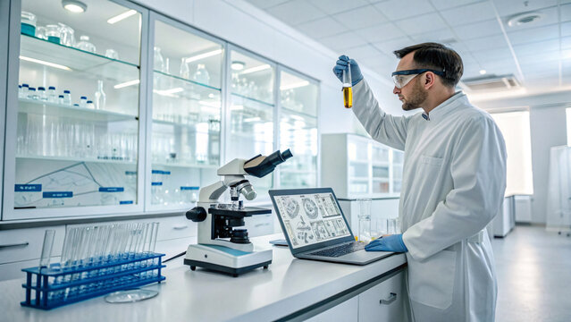 Futuristic medical lab with a scientist in a white coat holding a test tube, microscope and laptop nearby, sterile white interior, all objects in sharp focus
