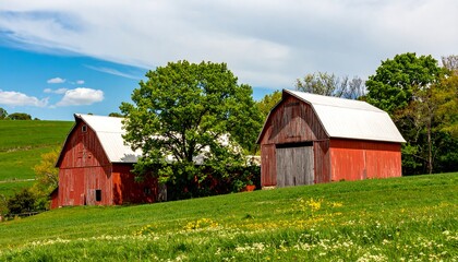 Obraz premium Red barn on a hillside under a partly cloudy sky.