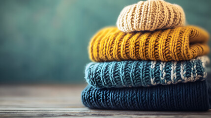 Stacked colorful knitted sweaters on a wooden surface against a blurred background.