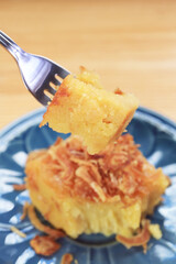 Mouthwatering Popular Thai Dessert Called Khanom Mo Kaeng Tua, a Starchy Mung Bean Custard Garnished with Crispy Fried Shallots