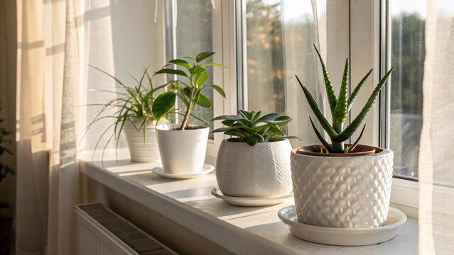 White windowsill with ceramic pots of succulents, aloe, and small ficus, morning light through sheer curtain, warm leaf reflections, photorealistic, all objects in sharp focus
