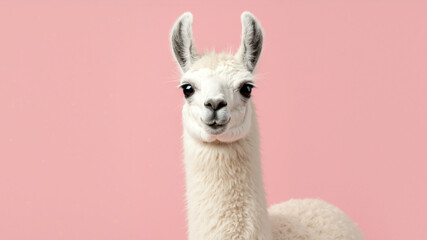 Fototapeta premium Close-up portrait of a cute young white llama or alpaca. Adorable cria headshot on a pink background.