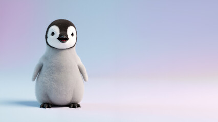 A happy baby emperor penguin chick on a pastel background. Cute fluffy penguin with copy space.