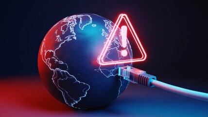 Global network outage warning with illuminated exclamation point over earth concept
