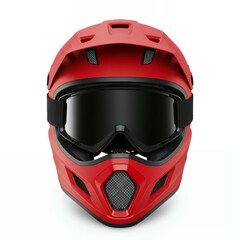 Red adventure motorcycle helmet with protective goggles and adjustable peak displayed front view on clean white studio background
