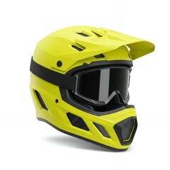 Fototapeta premium Bright yellow motocross full-face helmet with black goggles and peak visor shown in three-quarter angle studio shot