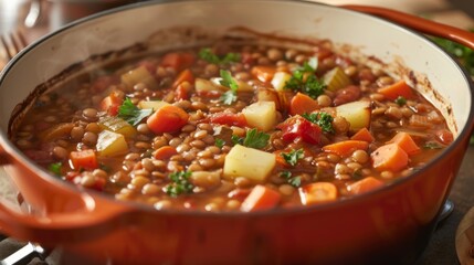 A hearty lentil and vegetable stew simmering in a savory vegetable broth.
