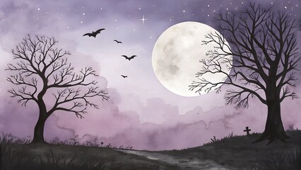 Eerie Watercolor Halloween Night Scene Full Moon, Bare Trees, Bats, and a Cross.