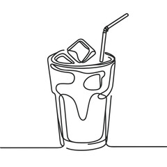 Iced coffee glass with straw and ice cubes in minimalist style  