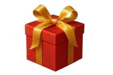 Obraz premium Elegant red gift box tied with shimmering gold ribbon, resting on transparent surface