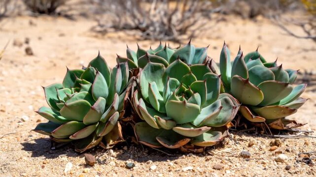 Clump of Green Desert Succulents Growing in Sandy Soil Featuring Sharp Leaves and Textured Surfaces Under Bright Sunlight