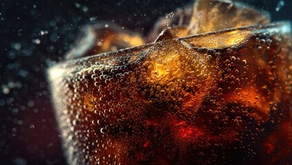 Close-up of a glass of fizzy soda with ice. Sparkling liquid, ice cubes, and effervescence fill the glass