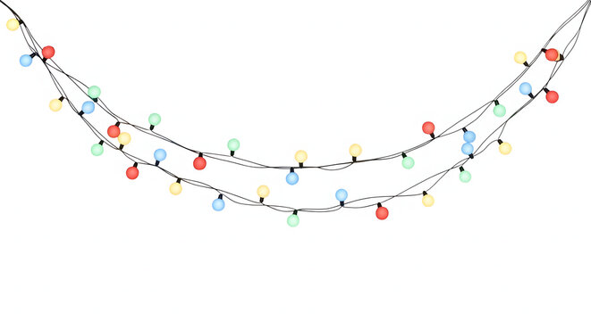 Festive garland of multicolored round Christmas lights with a matte finish hanging in an arc. - Powered by Adobe