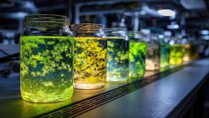 Glass jars filled with glowing plants, lit from within, line a lab bench