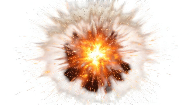 Fiery orange explosion with a bright core radiating white smoke sparks and dark debris.