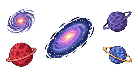 Illustration of various cartoon planets and galaxies on a white background in a space theme style