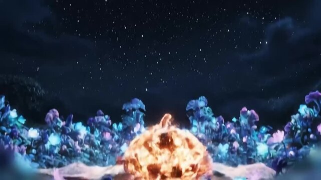 Holographic winged pumpkin floats then tumbles, shards dissolve into rainbow smoke drifting across a vibrant celestial garden in a melancholic arc - Powered by Adobe