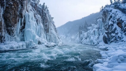 Frozen river gorge, icy waterfalls, snowy mountains