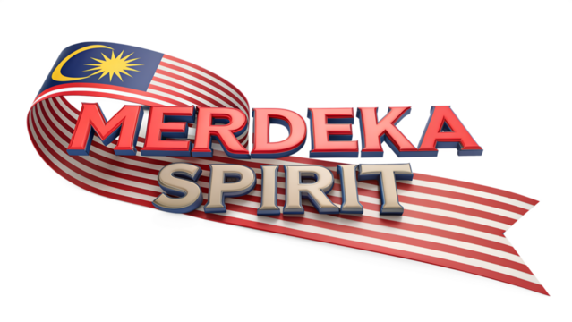 Merdeka spirit text with malaysian flag and ribbon isolated on transparent background