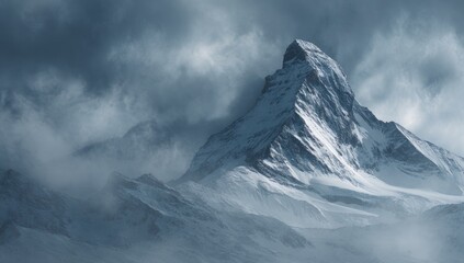 Snowy mountain peak piercing a stormy sky