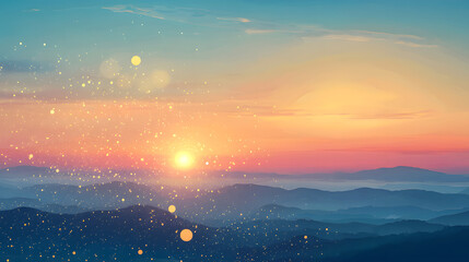 Majestic sunset with glorious sun casting warm light over mountain range in the background