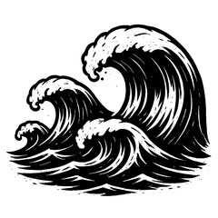 Vintage Black and White Vector Illustration of Powerful Ocean Waves - Seascape in a Woodcut or Engraving Style.