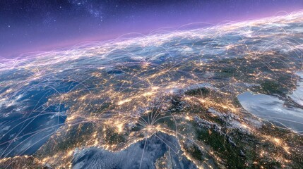 Global network of illuminated city lights and connecting lines.