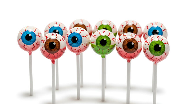 A group of eyeball lollipops with different colored irises on a white background in a studio setting