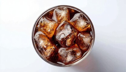 High angle view of a glass of cola with ice