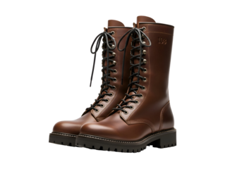 Pair of Brown Leather Lace-Up Combat Boots with Number 108 Detail.