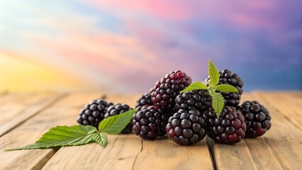 A pile of blackberries with green leaves on a wooden surface against a colorful sky background
