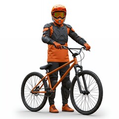 Obraz premium Young BMX cyclist in orange helmet and gray body armor riding orange mountain bike with protective gear isolated on white studio background for extreme sports