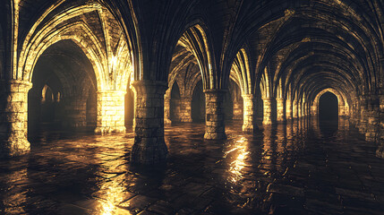 Dark and mysterious gothic cathedral interior with empty aisles and elaborate architectural details