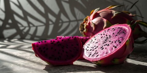 A close up of a dragon fruit cut into slices on a surface with leaf shadows in the background