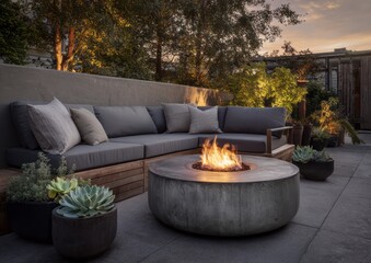 Outdoor seating area with a fire pit and plants.