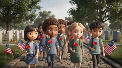 Quiet remembrance scene showing diverse kids carrying poppies along a flag lined cemetery path in gentle animated style