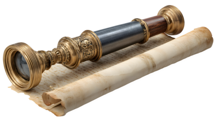 Handheld spyglass resting on scroll, styled for historical setting