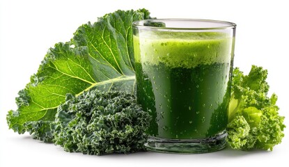 Fresh kale smoothie in a glass, with kale leaves