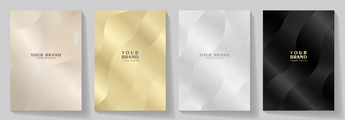 Black, gold, white elegant cover design set, waves pattern. Modern Luxury vector art background. Premium fashionable template for cover design, invitation, flyer, wedding card, note book, menu