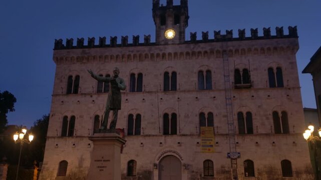 Historic Palazzo di Giustizia and Mazzini Statue in Chiavari at Nightfall, Italy